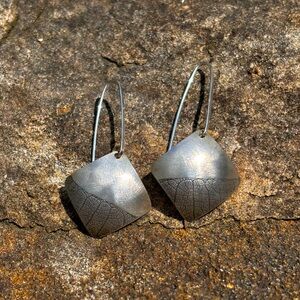 Artisan Leaf Imprint Silver drop earrings, Handmade, one of a kind!